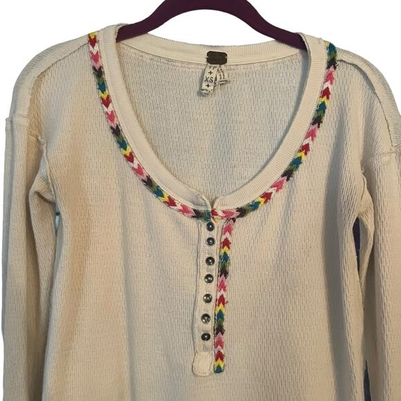 Free People Rainbow Embroidered Accent Long Sleeve Embroidered Thermal XS Boho - Picture 2 of 8